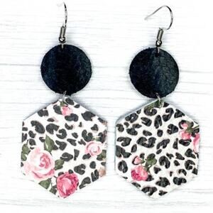 Black Leopard & Pink Rose Hexagon Leather Earrings
